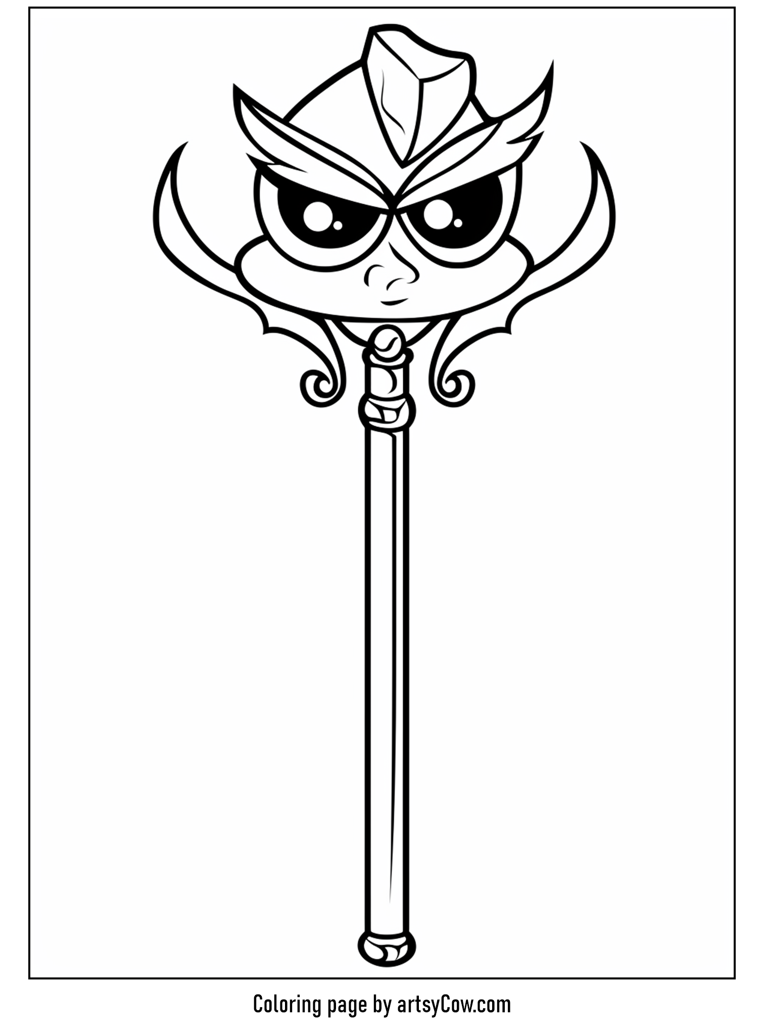 scary halloween coloring pages, a witch's wand adorned with mysterious eyes.